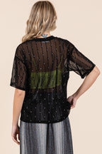 Black Round Neck Drop Shoulder Mesh Glitter Top