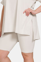 Beige V-Neck Short Sleeve Slit T-Shirt and Shorts Set