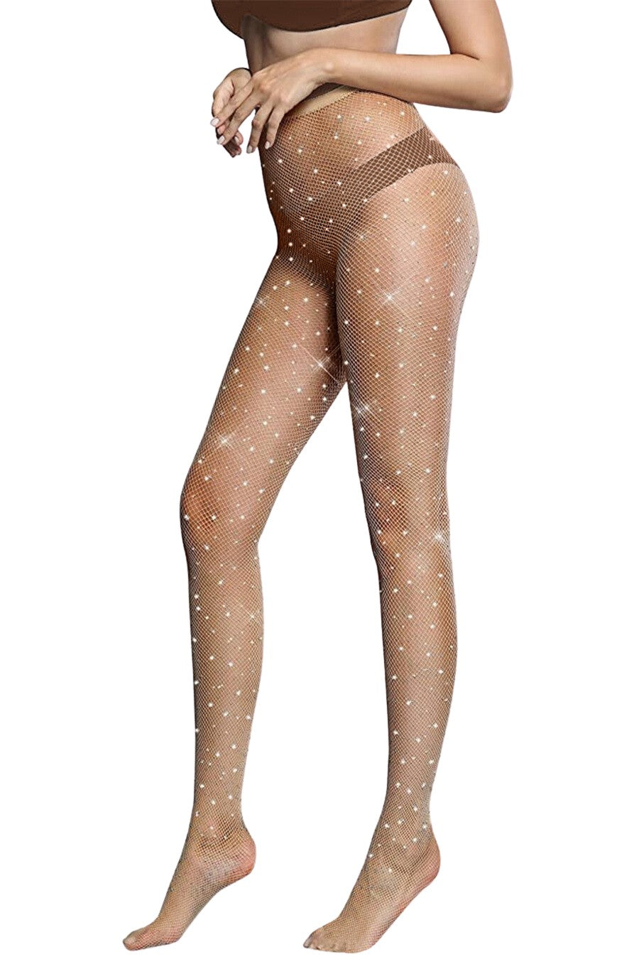 Icy Iridescent Rhinestone Nude Fishnet Stockings