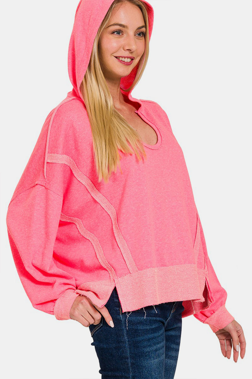 Fuchsia Contrast Trim Slit Hoodie