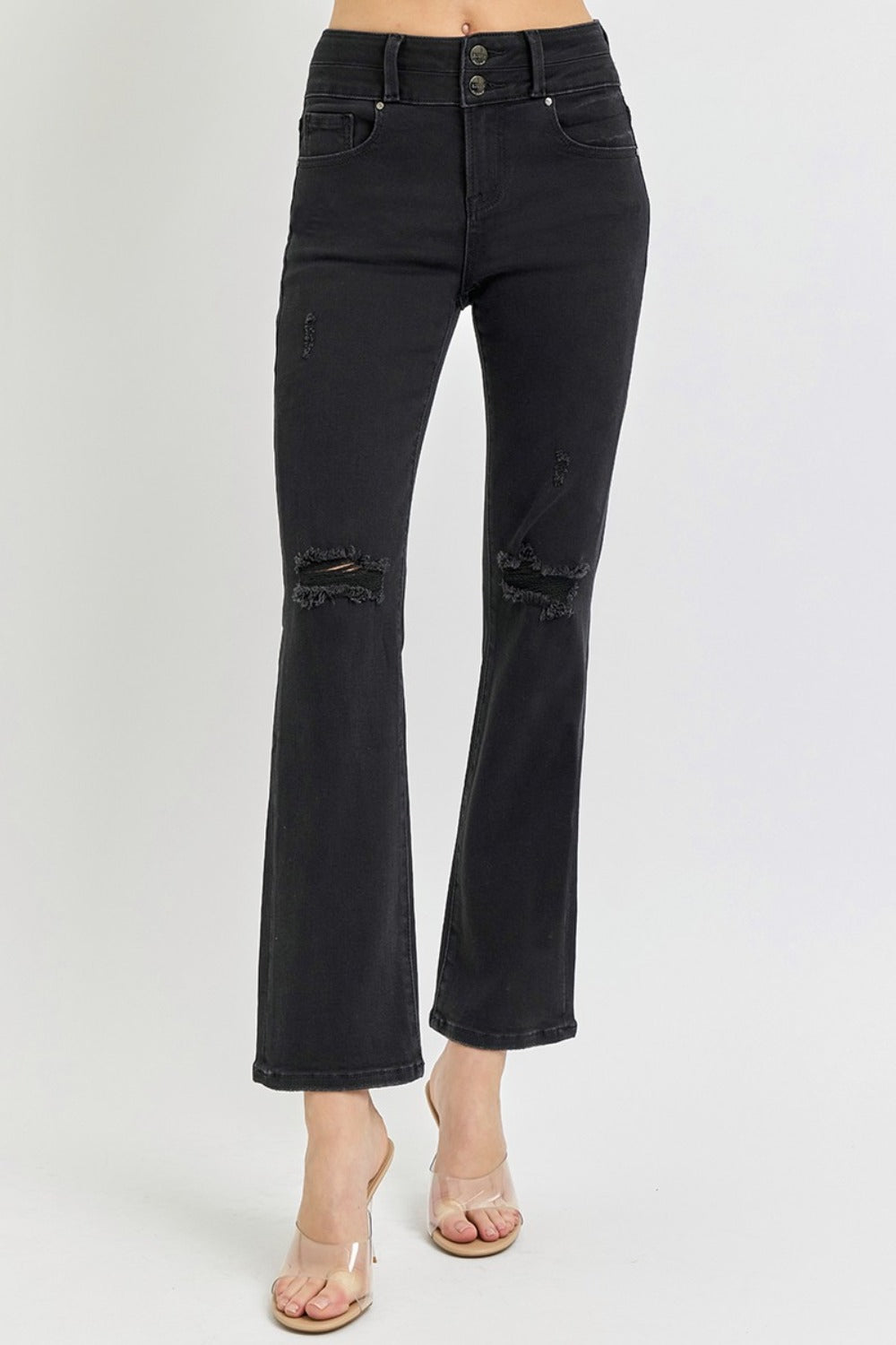 Black High Rise Wide Waistband Ankle Bootcut Jeans