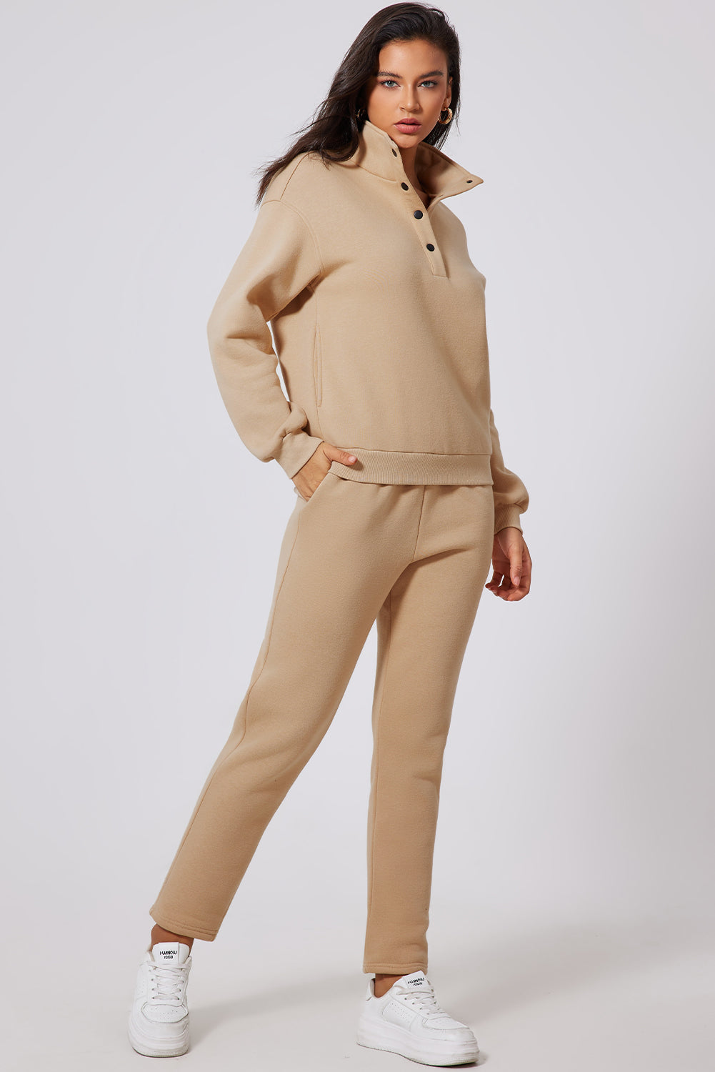 Half Snap Turtleneck Top and Pants Active Set Taupe