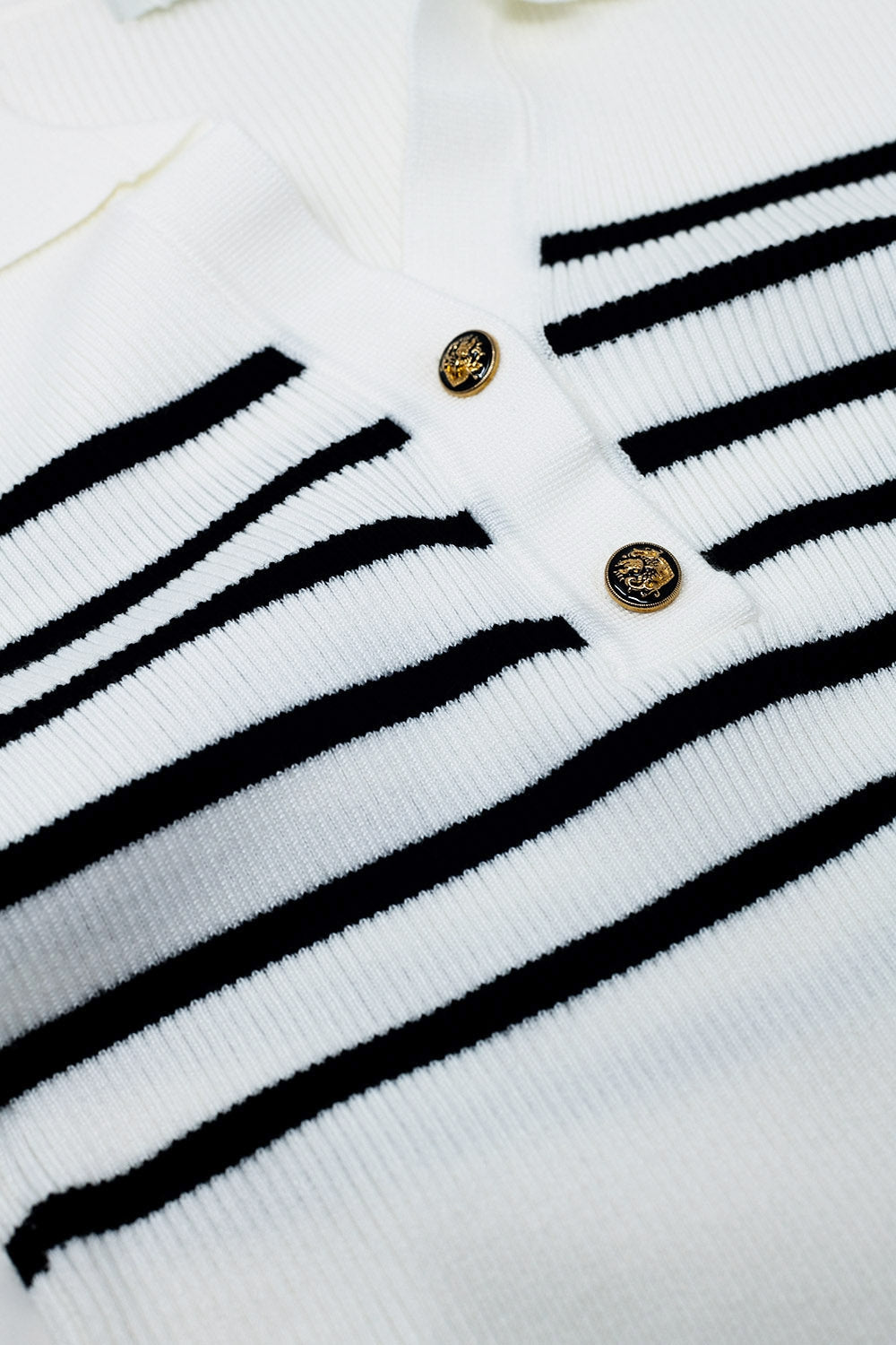 Striped Polo with Button Detail in White