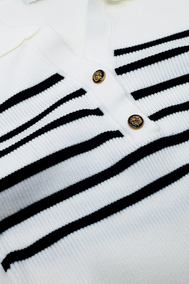 Striped Polo with Button Detail in White