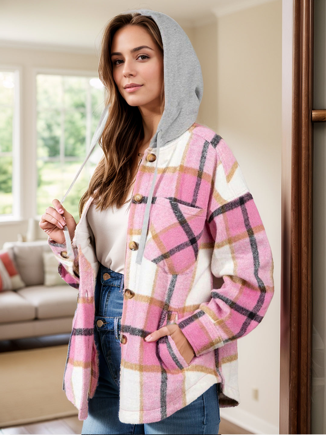 Drawstring Plaid Button Up Long Sleeve Hooded Shacket