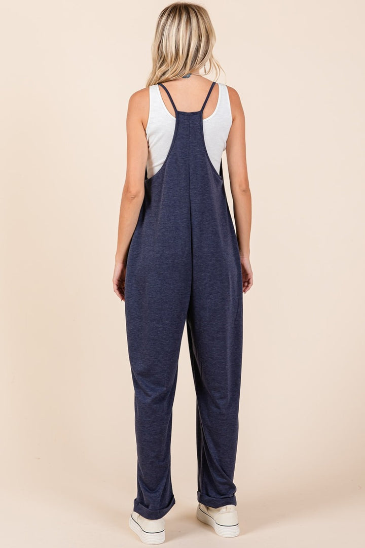 Navy Blue Patch Pocket Wide Leg Sleeveless Jumpsuit