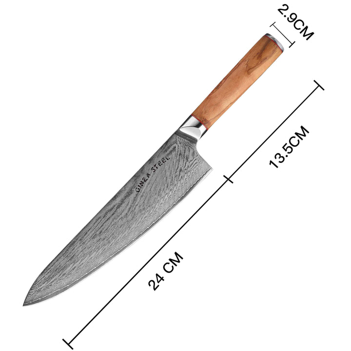 MIA 24 Chef Knife 9" Damascus AUS10 Steel 67 Layer Italian Olive Wood Handle