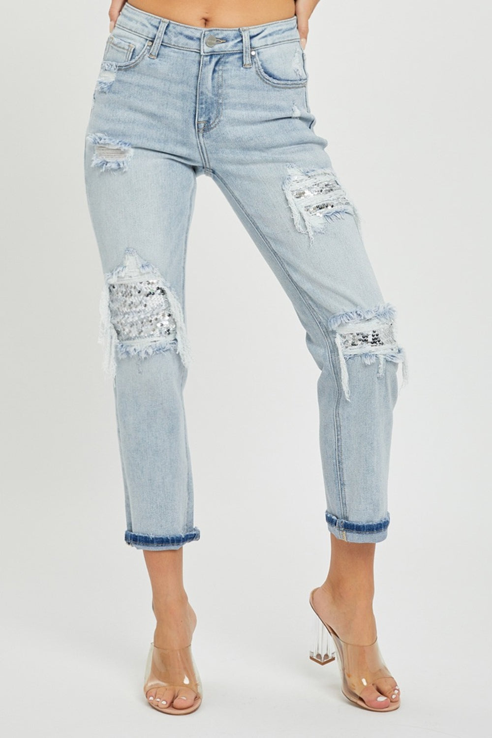 Mid-Rise Sequin Patched Jeans