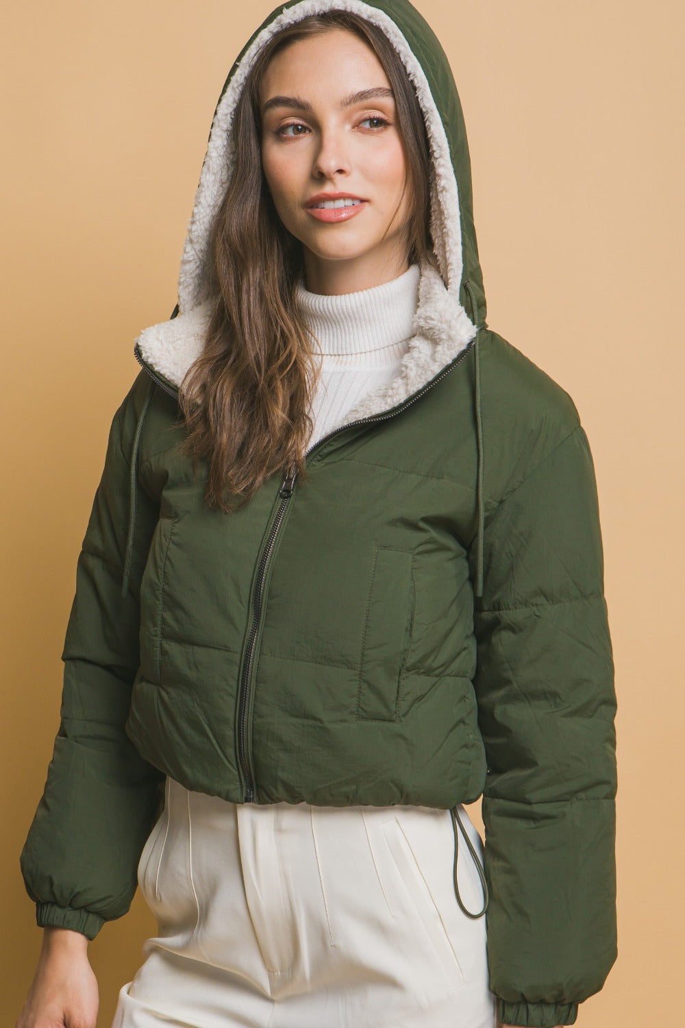 Dark Green Zip Up Cropped Hooded Sherpa Reversible Jacket