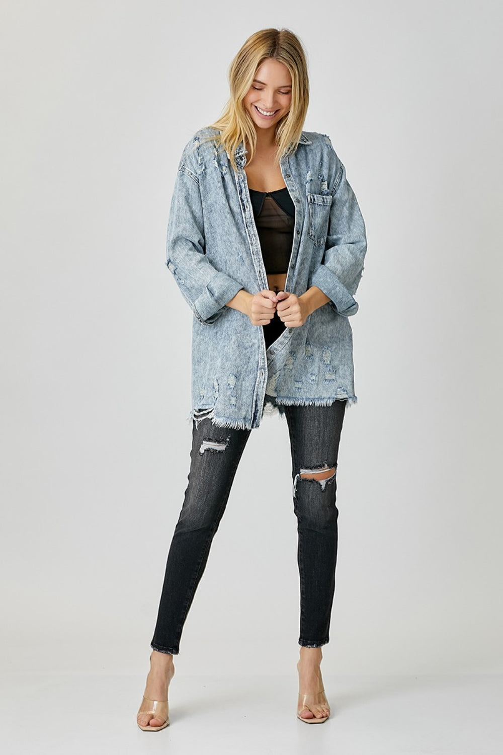 Acid Light Distressed Raw Hem Denim Shirt