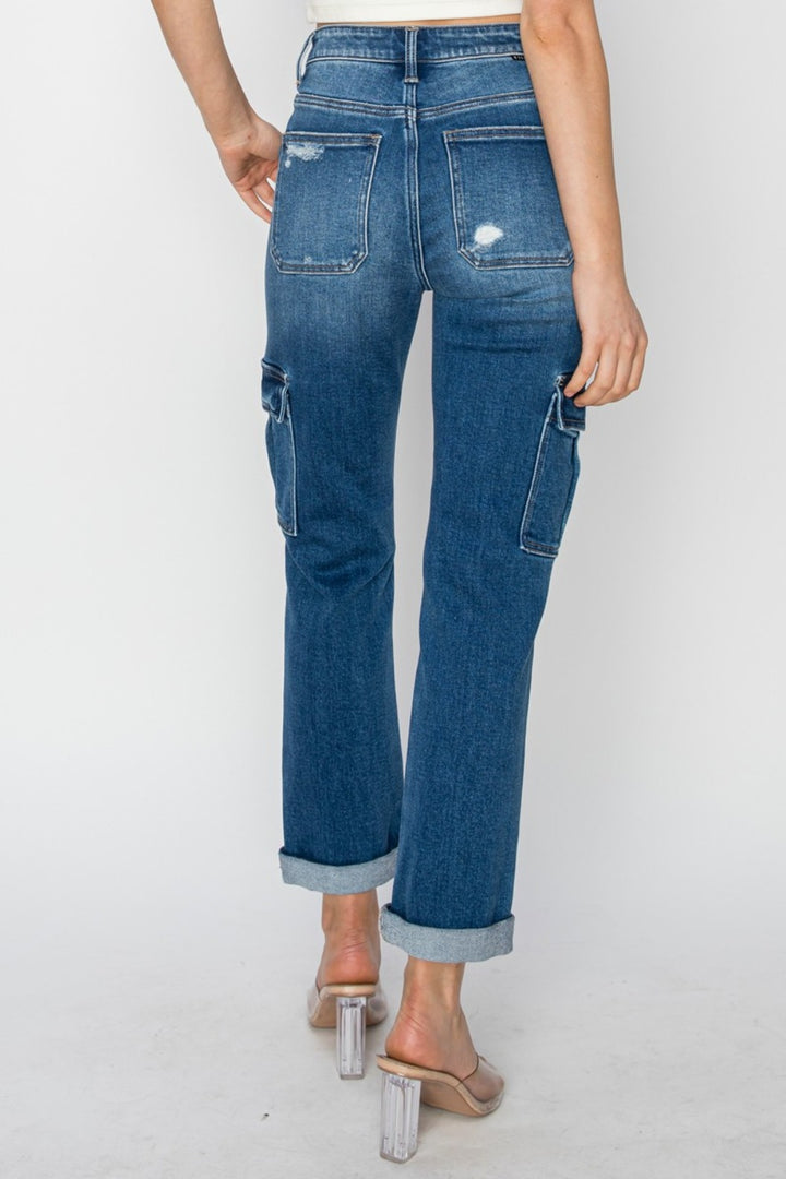 High Rise Cargo Ankle Roll Up Straight Jeans