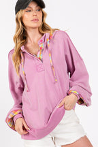 Lilac Plaid Print Washed Hoodie