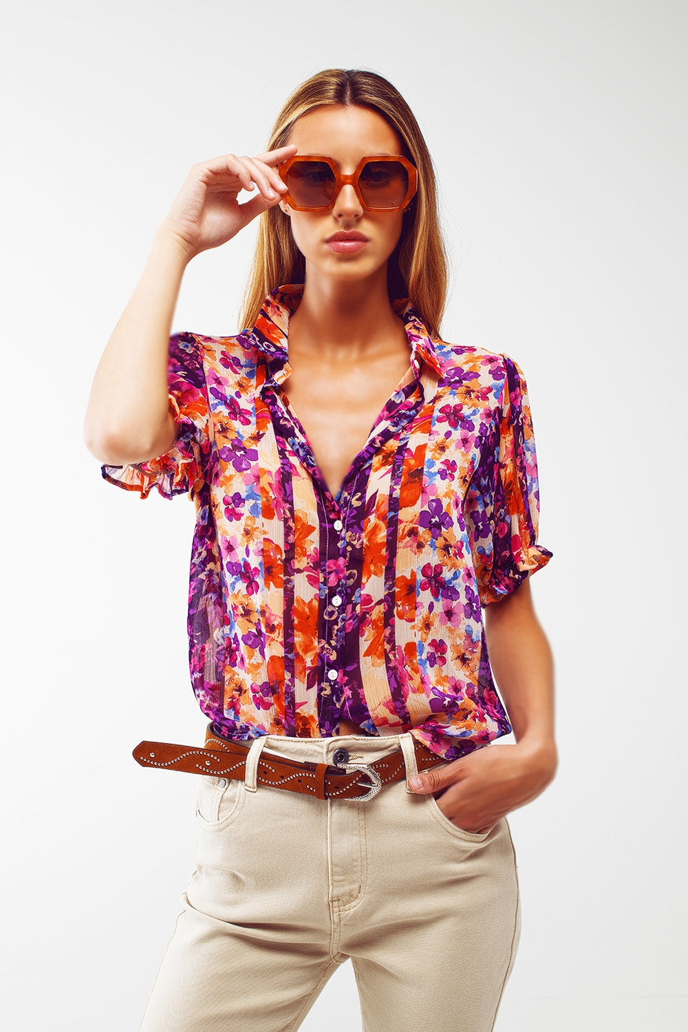 Button Down Shirt with Floral Print and Puff Short Sleeves