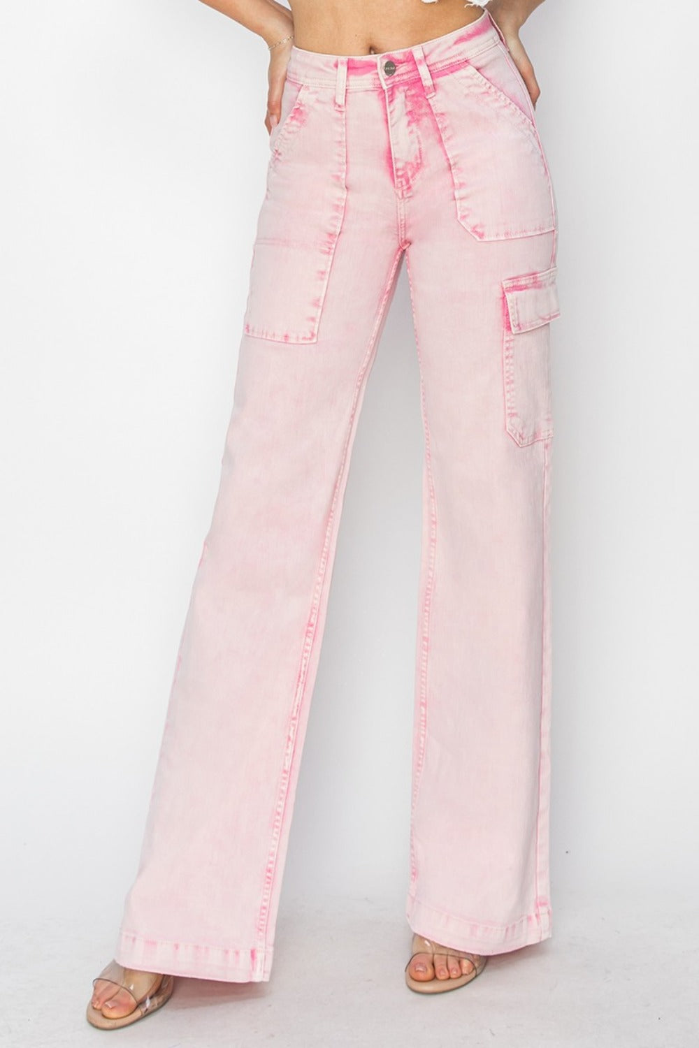 Acid Pink High Rise Wide Leg Cargo Pocket Jeans