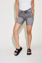 Grey High Waist Washed Denim Shorts