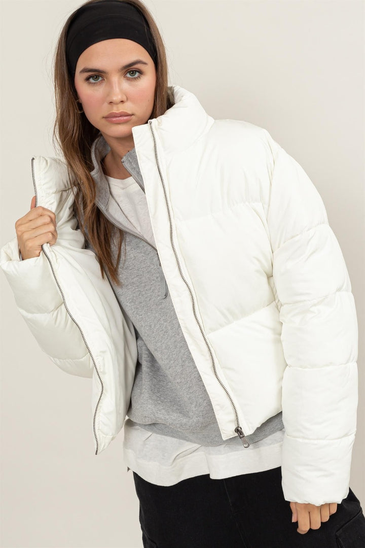 Quilted Back Drawstring Puffer Jacket Off White