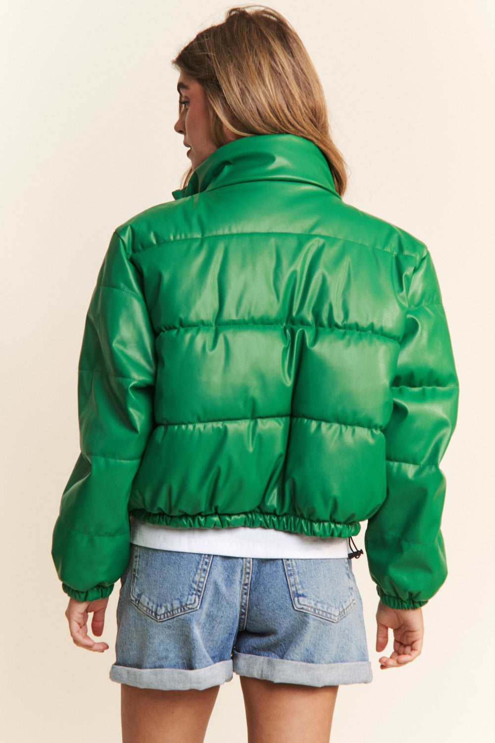 Green Turtleneck Snap and Zipper Closure Crop Puff Jacket