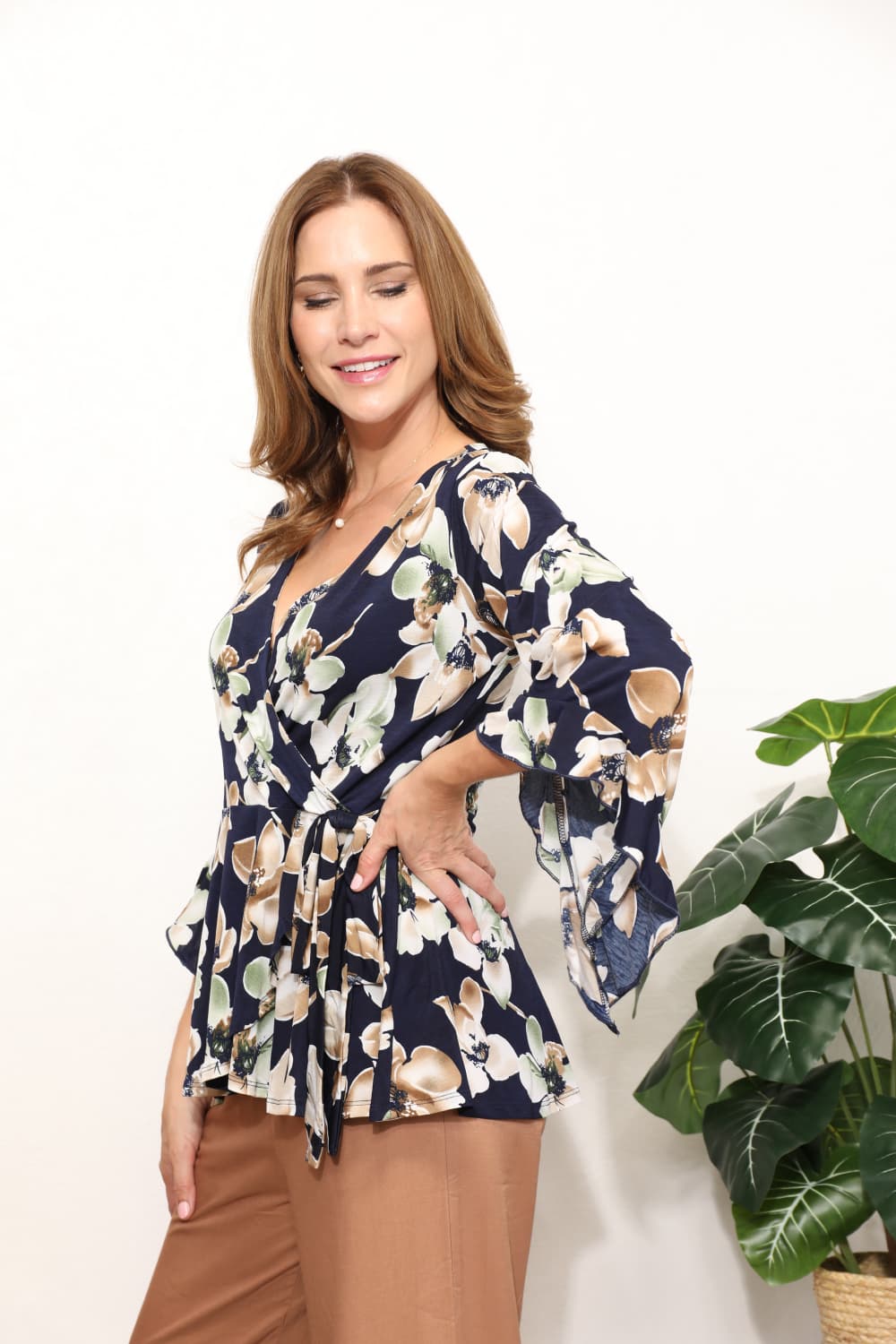 Floral Print Angel Sleeve Top with Wrap Tie Body