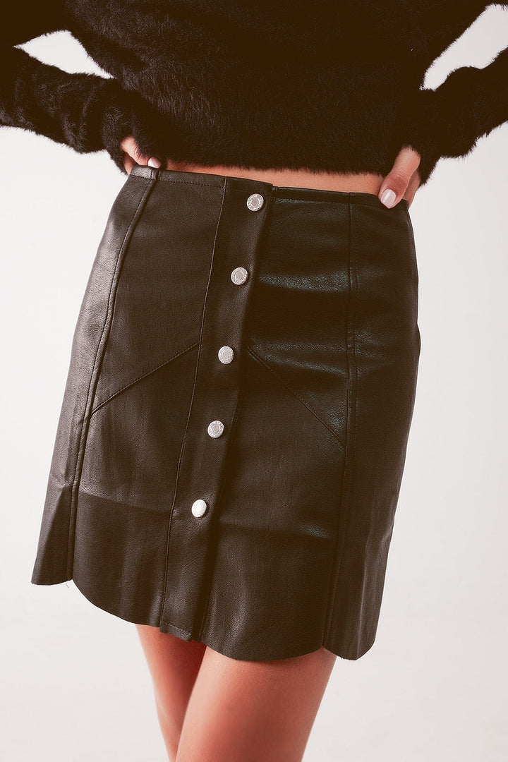 Button Through Mini Skirt in Black