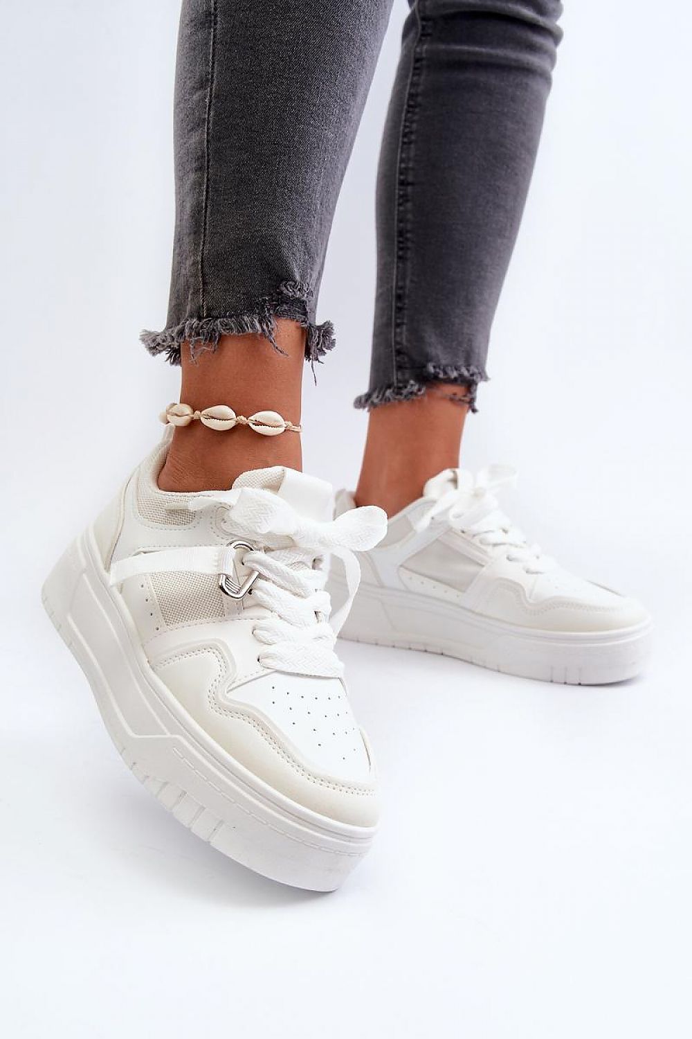 Lace Up Sport Shoes in White Eco Leather