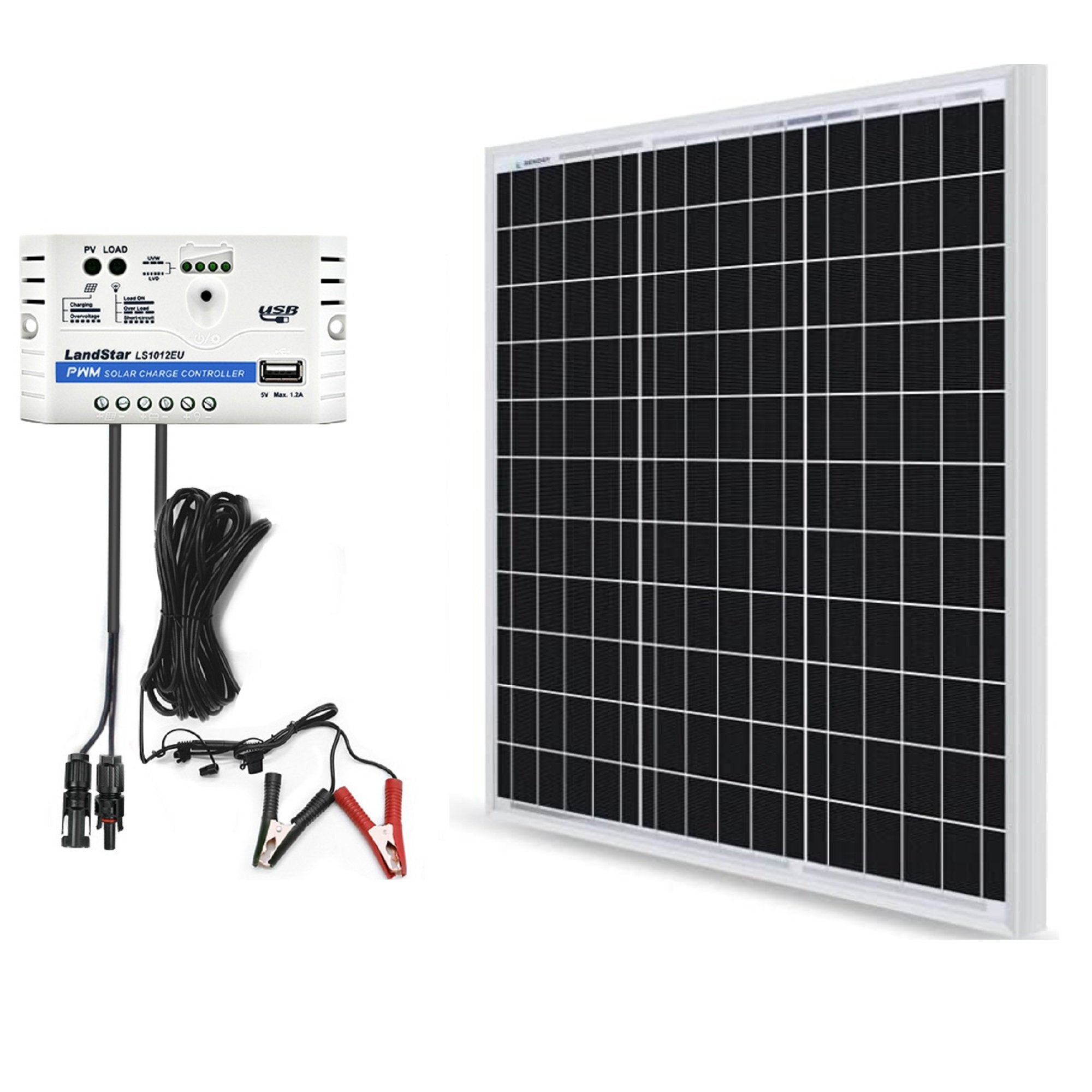 50W 12V Solar Charger Kit 10A Charge Controller with Alligator Clips