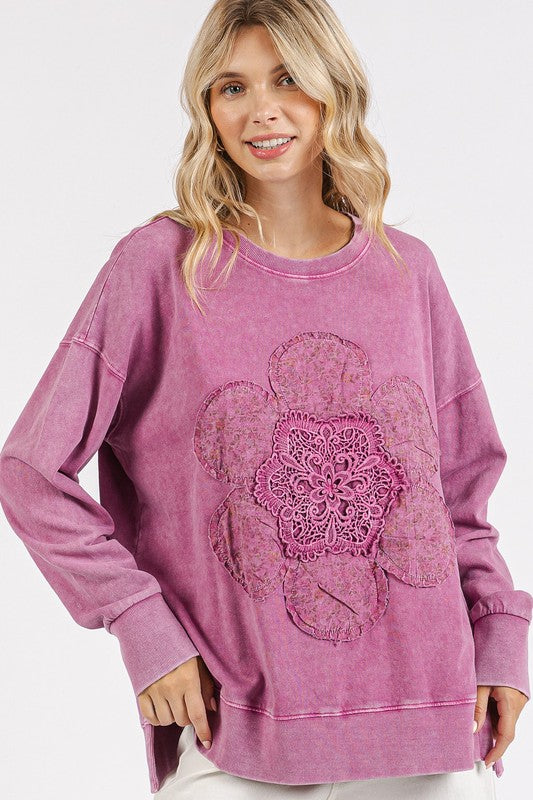 Dusty Pink Mineral Wash Flower Patch Side Slit Sweatshirt