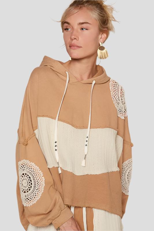 Wheat Openwork Contrast Dropped Shoulder Hoodie