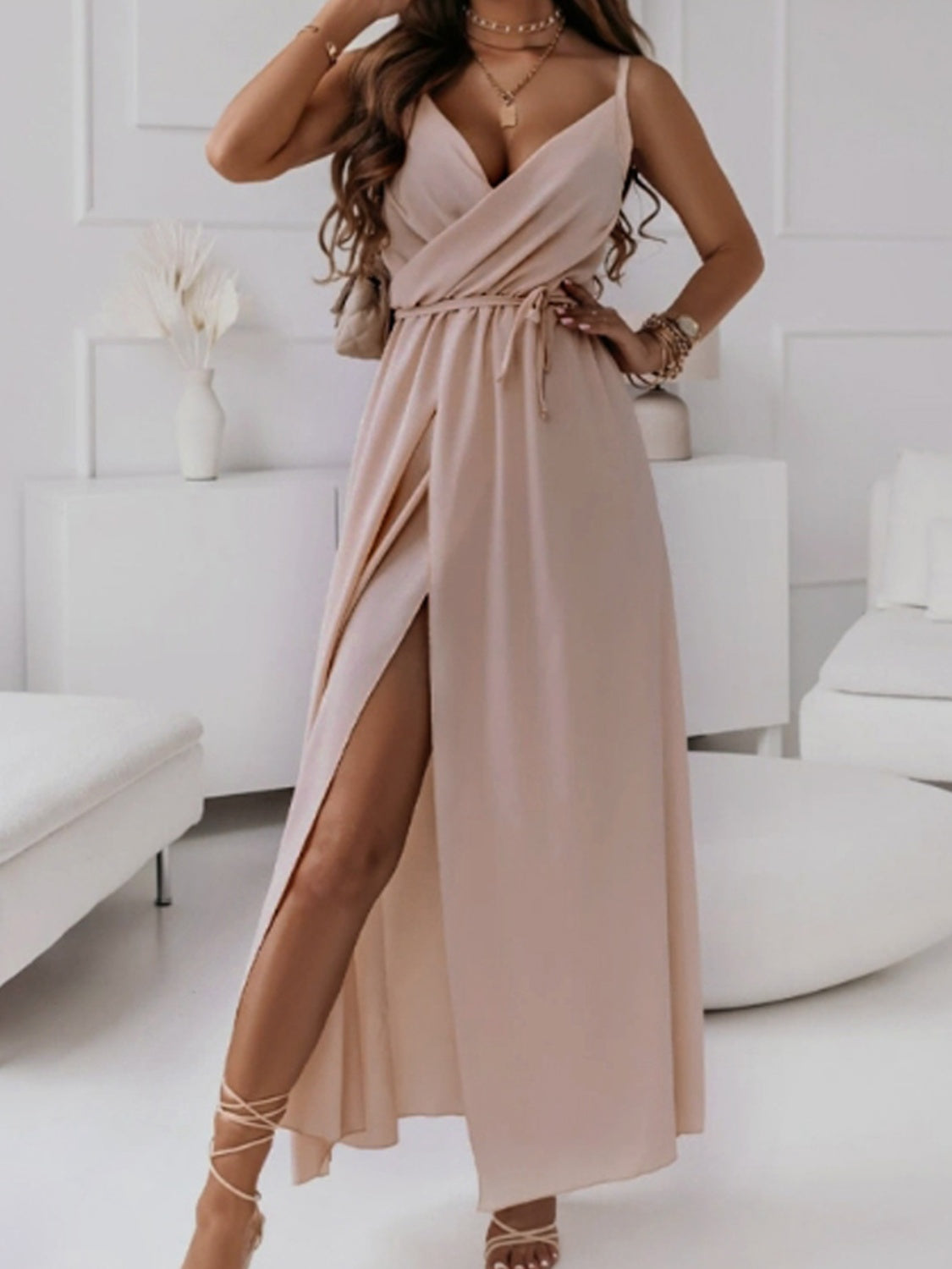 Tied Surplice Sleeveless Midi Cami Dress in Pale Blush