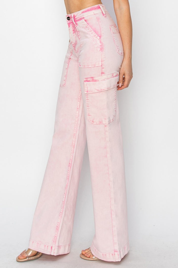 Acid Pink High Rise Wide Leg Cargo Pocket Jeans