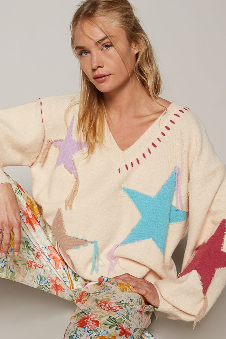 Pale Beige V-Neck Long Sleeve Star Fringe Sweater