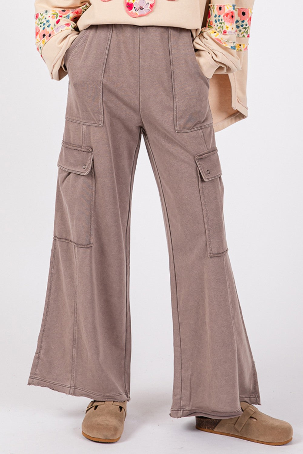 Charcoal Knit Terry Mineral Wash Wide Leg Pants