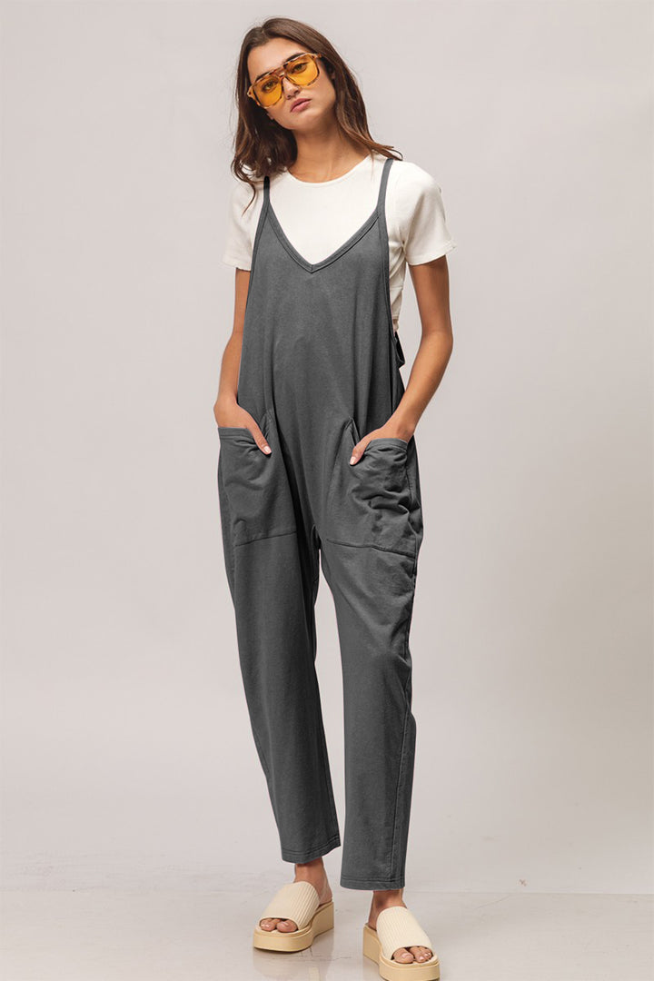 Charcoal Washed Sleeveless Overalls with Front Pockets