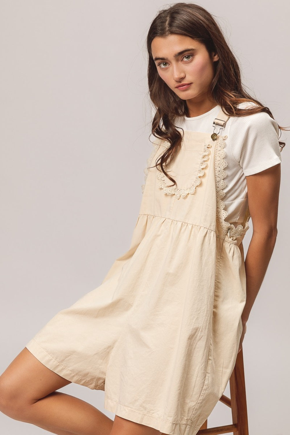 Oatmeal Back Patch Pocket Lace Trim Rompers