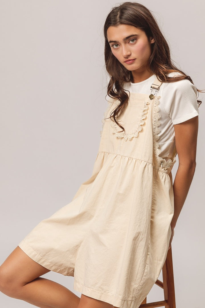 Oatmeal Back Patch Pocket Lace Trim Rompers