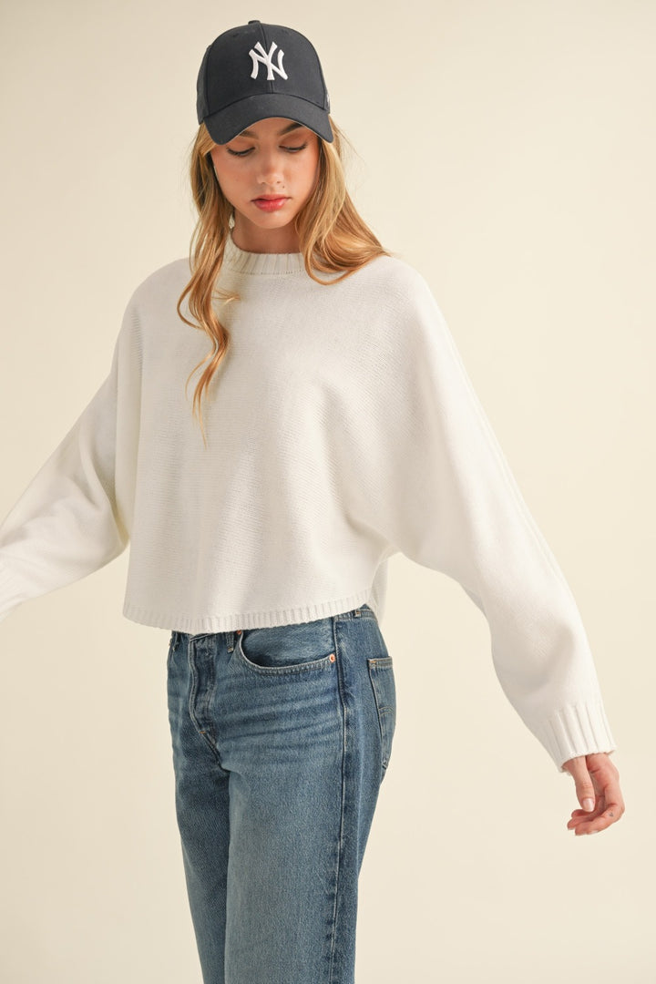 Off White Round Neck Dolman Sleeve Cropped Sweater