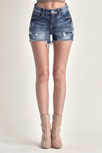 Dark Blue Mid Rise Raw Hem Denim Shorts