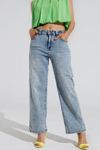 Cargo Style Bleached Jeans with Belt Like Strap Details at the Waist