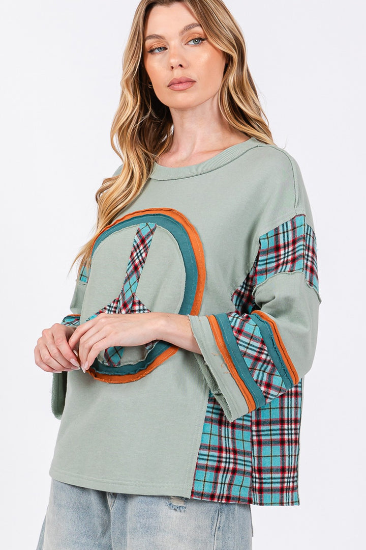 Peace Applique Patch Contrast Plaid Top