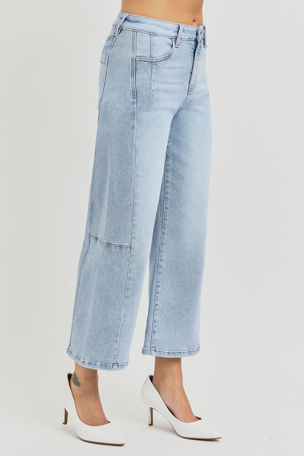 High Rise Seamed Detail Wide Leg Crop Jeans