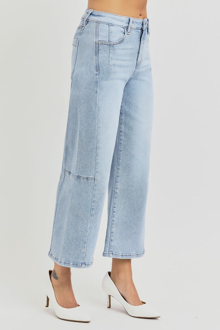 High Rise Seamed Detail Wide Leg Crop Jeans