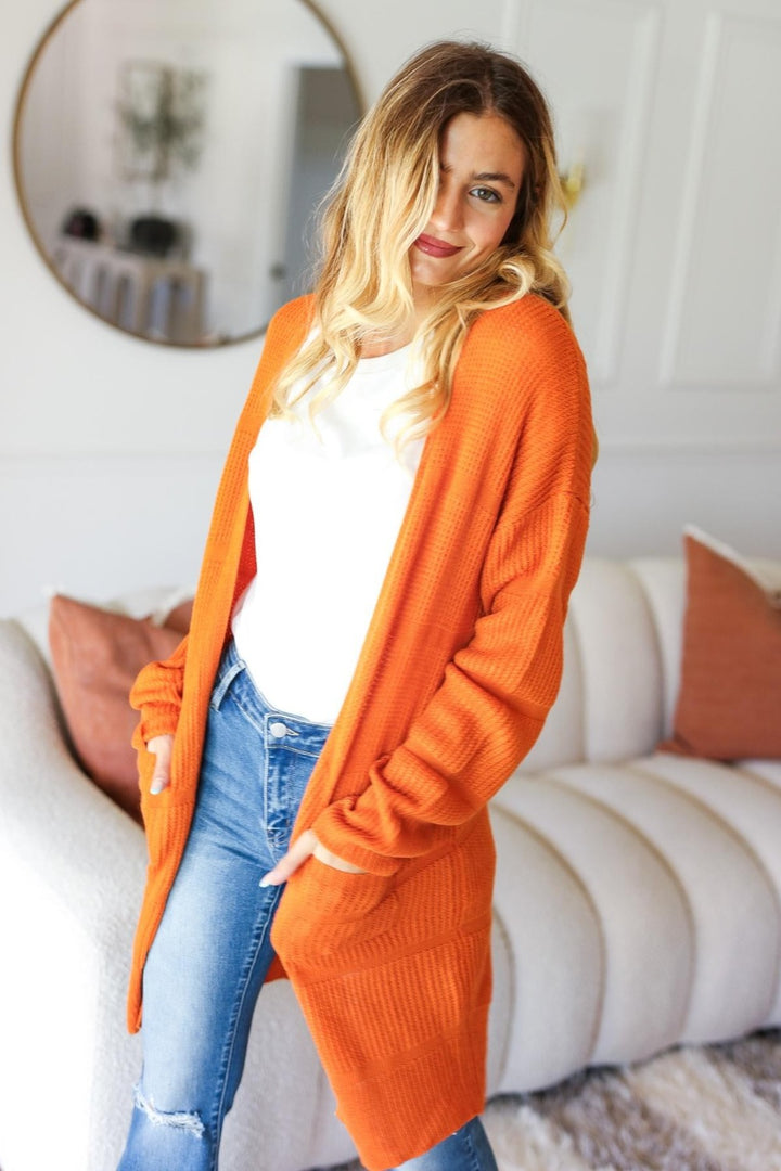 Stripe Orange Textured Open Front Cardigan with Pockets