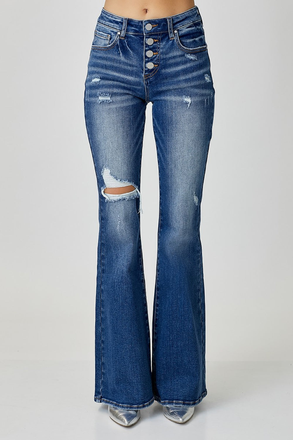 Risen Distressed Button-Fly Flare Jeans