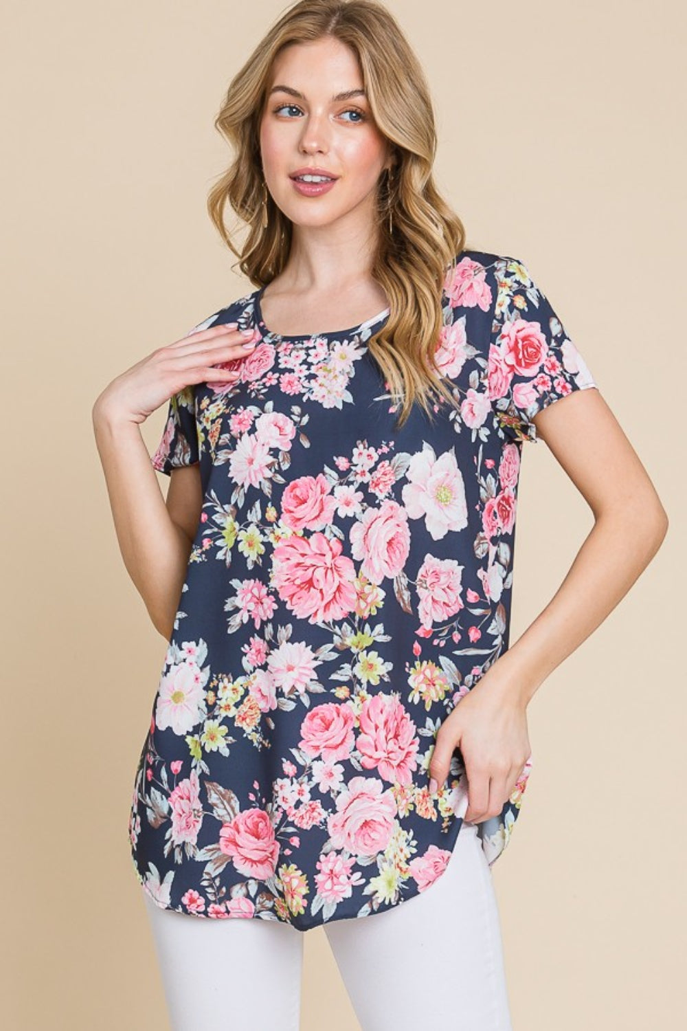 Floral Print Round Neck Short Sleeve T-Shirt