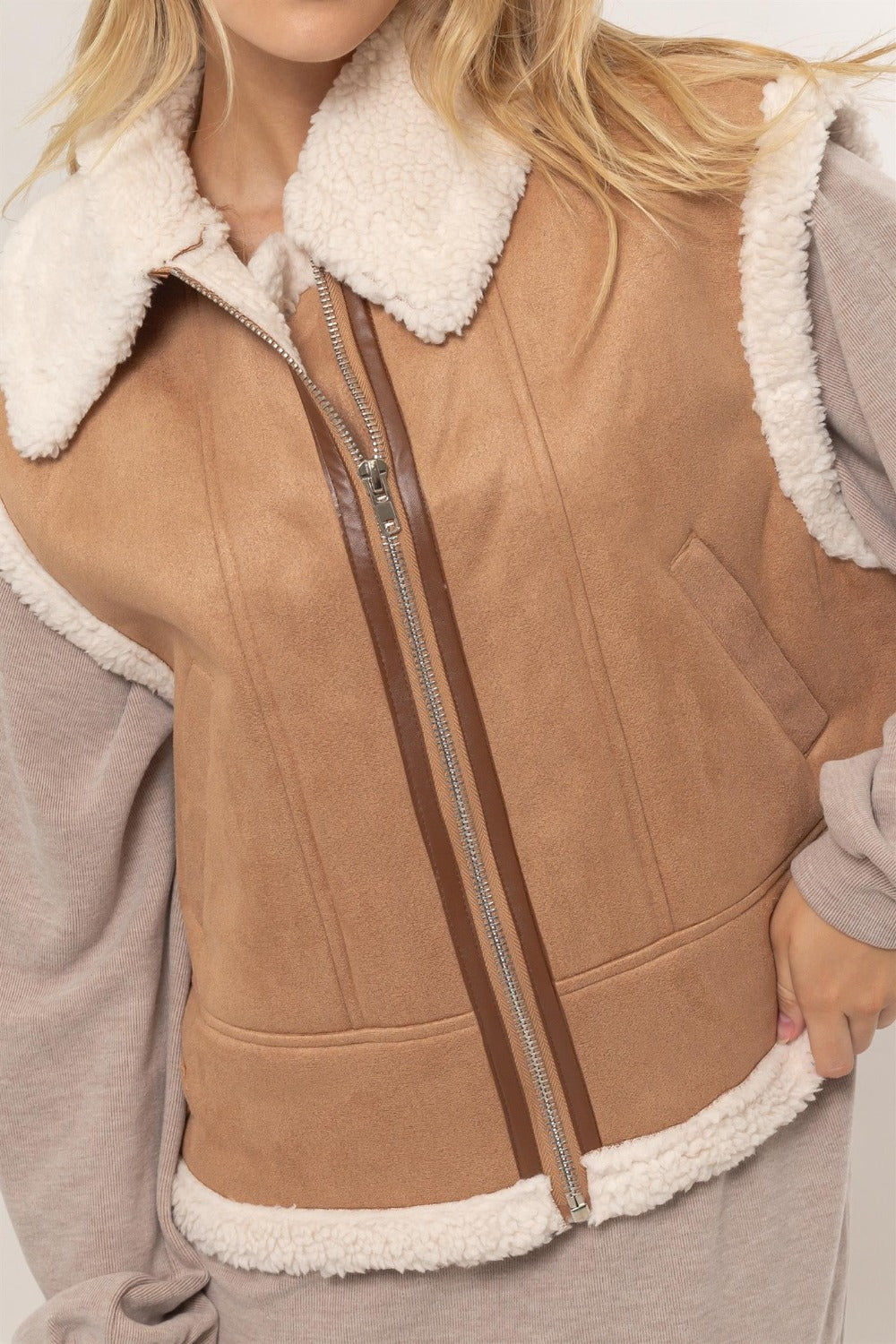 Brown Fur-Contrast Zip Up Suede Vest