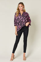 Double Take Printed Notched 3/4 Sleeve Blouse