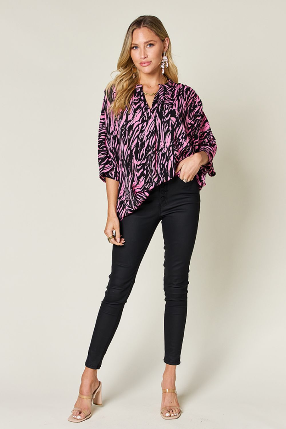 Double Take Printed Notched 3/4 Sleeve Blouse