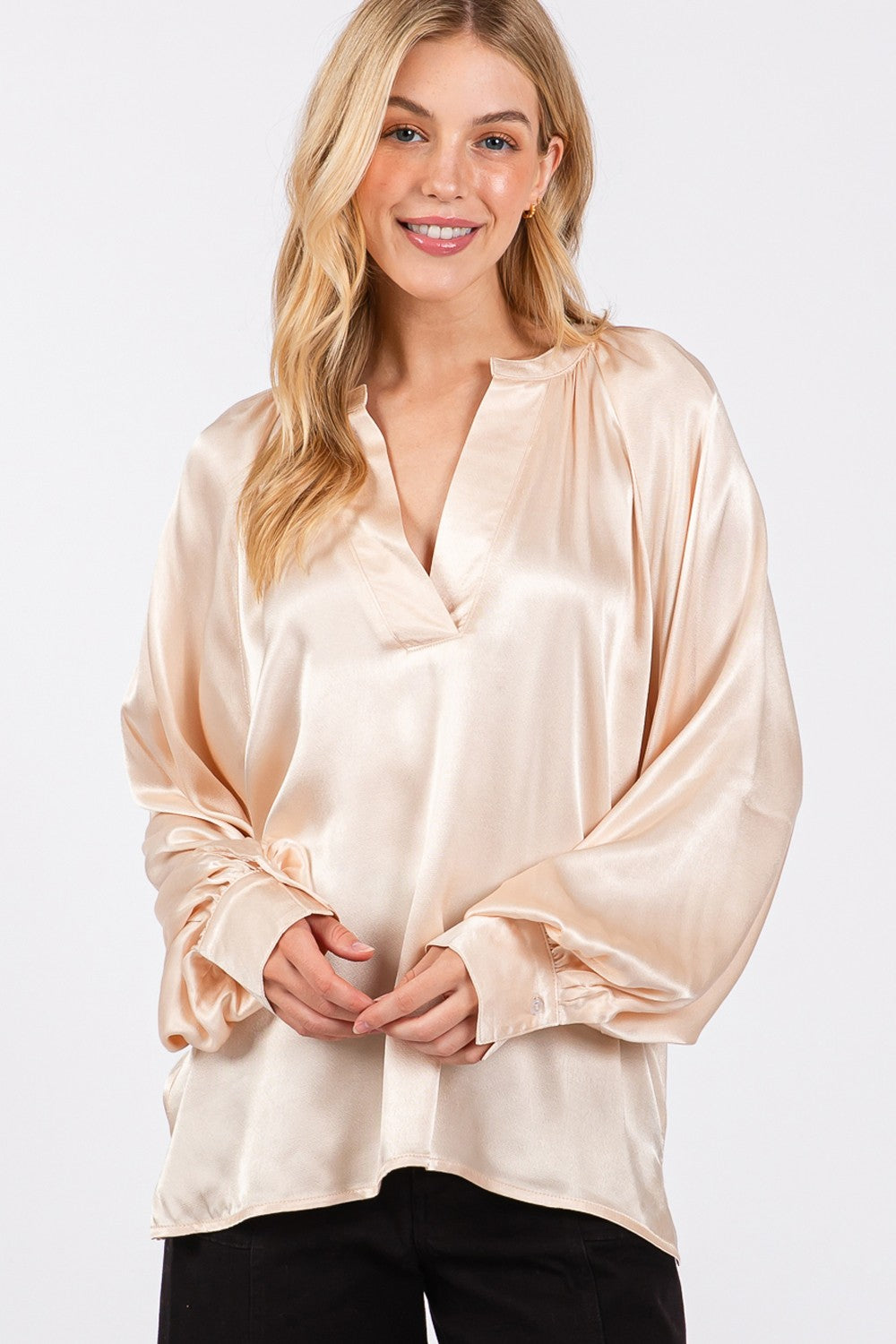 Champagne Notched Long Sleeve Blouse