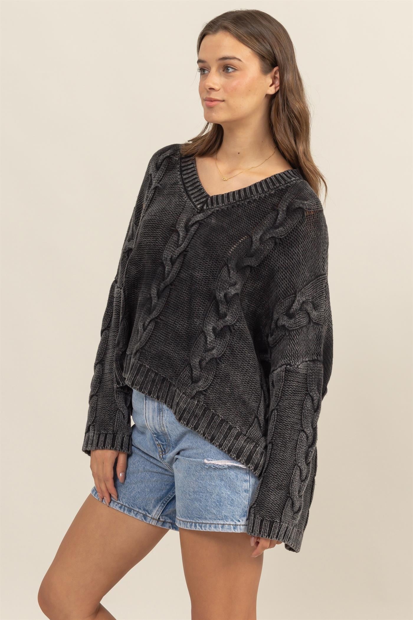Charcoal Cable Knit V-Neck Dropped Shoulder Oversized Sweater