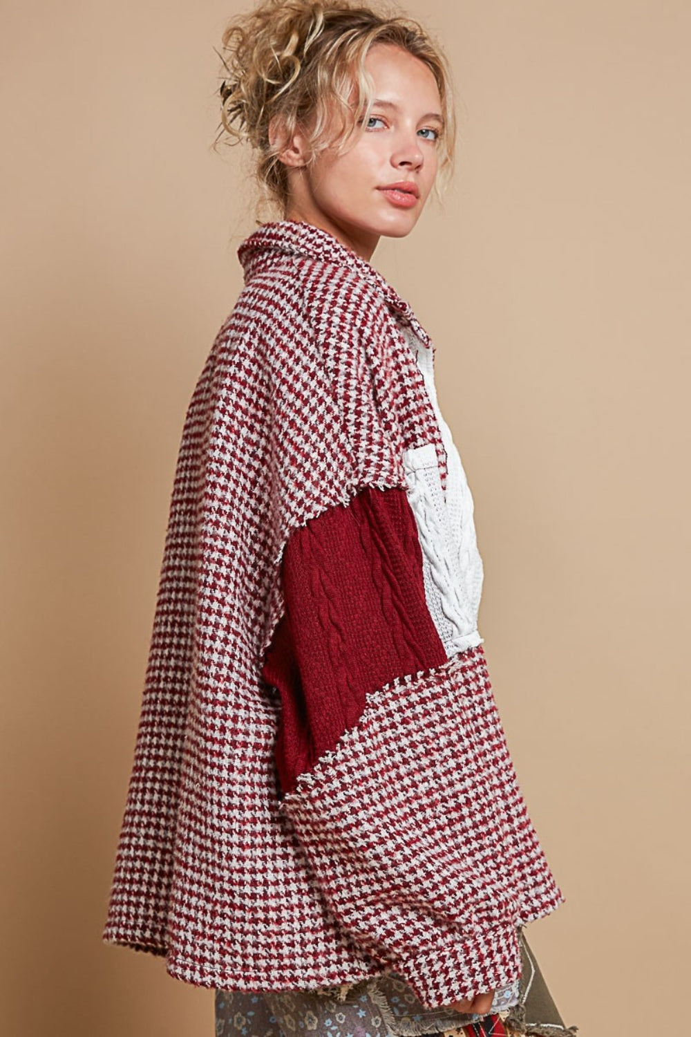 Red Houndstooth Contrast Cable Knit Pocket Shacket