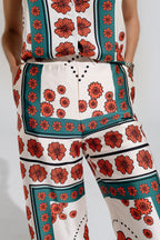 Satin Creme Flared Pants with Floral Design